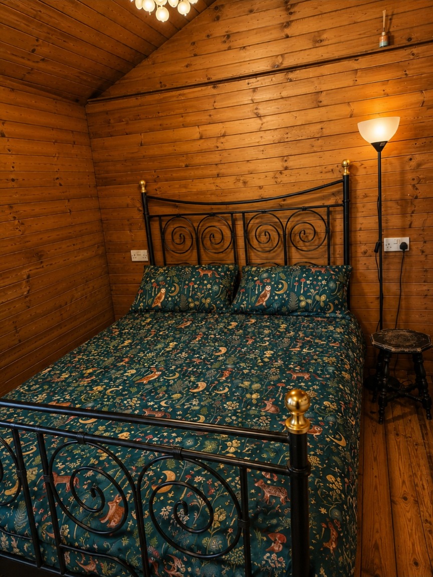 Double bedroom with a cast-iron bed and woodland-print bedding