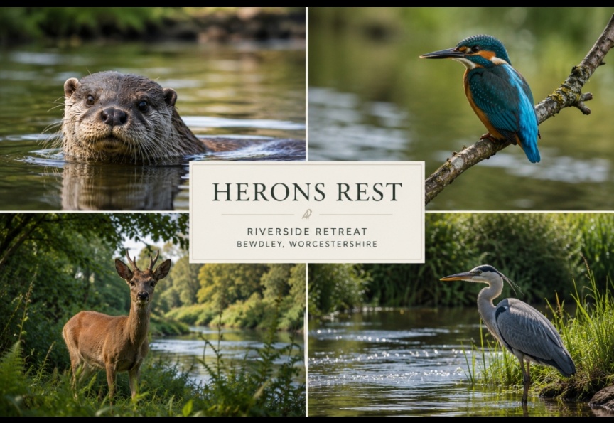 Wildlife montage showing otter, kingfisher, deer and heron at Herons Rest