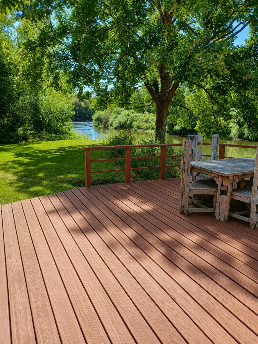 The private riverside deck with table and chairs overlooking the River Severn