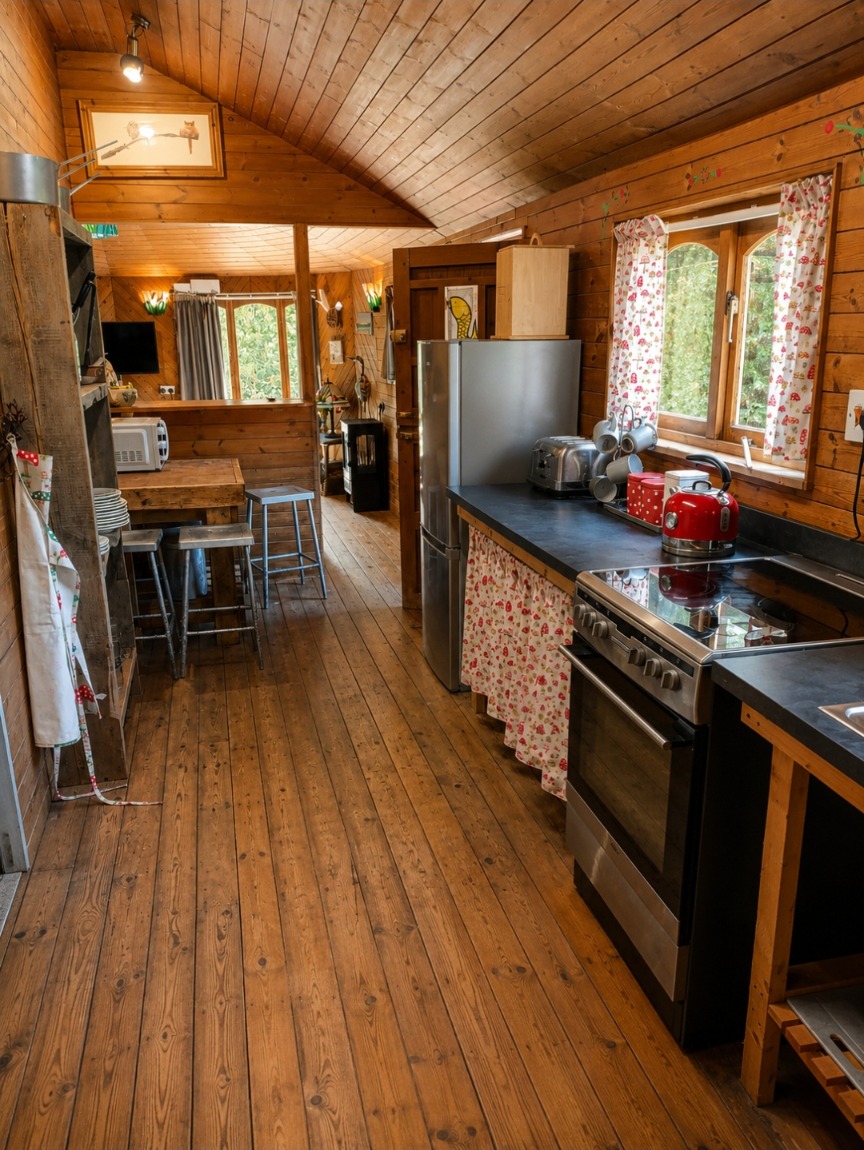Well-equipped galley kitchen with wooden floors and dining stools