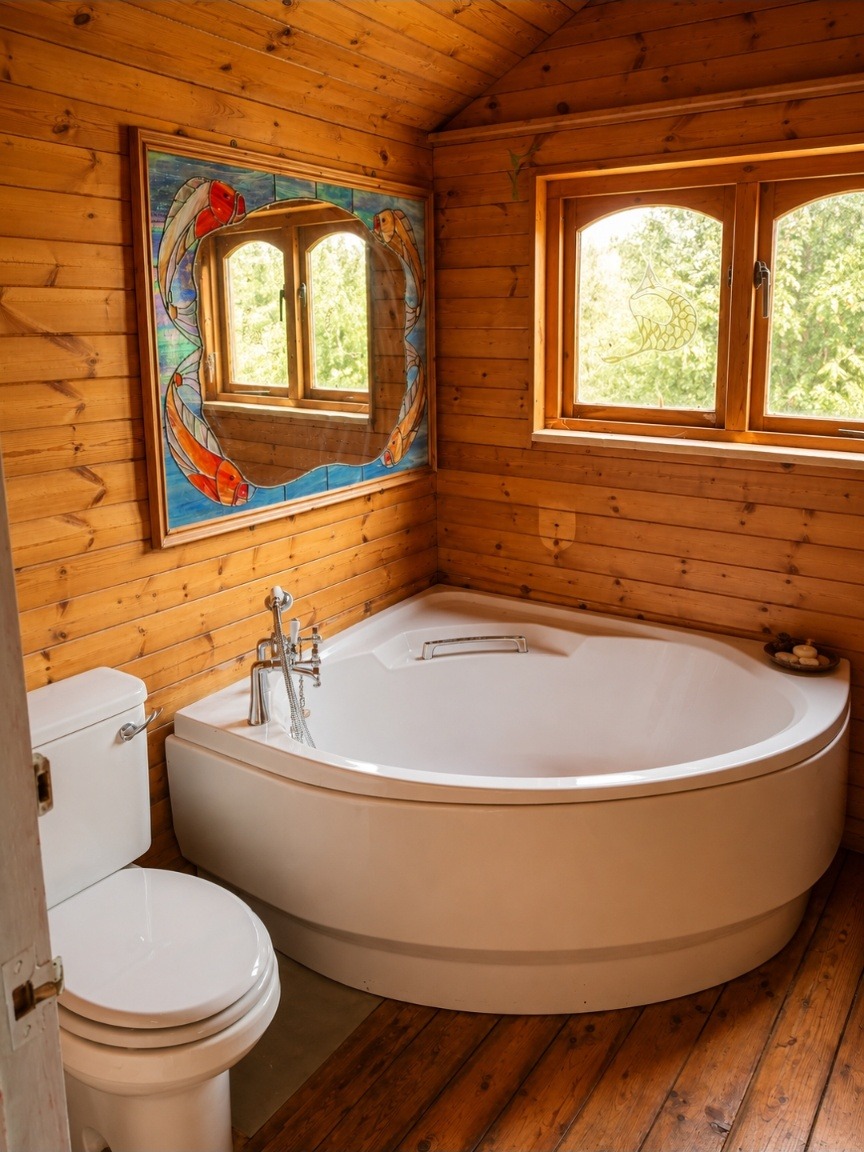 Bathroom with a corner bath, stained-glass artwork and woodland views