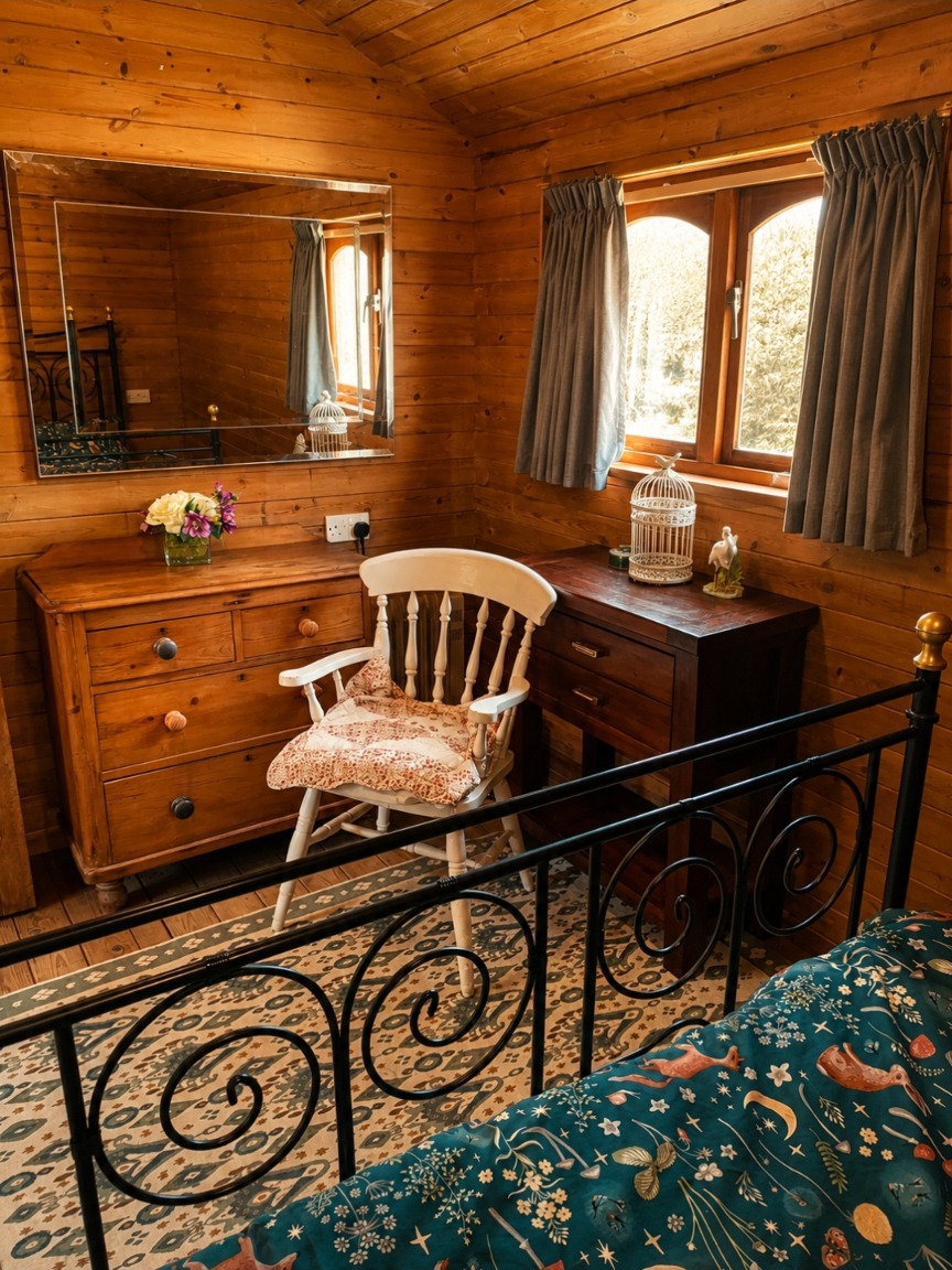 Bedroom dressing area with mirror, dressing table and garden view