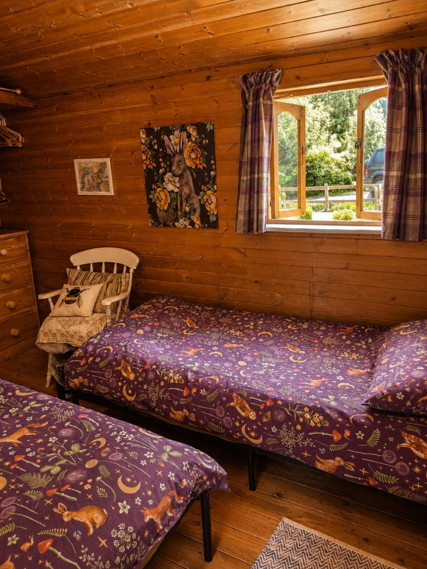 Twin bedroom with two single beds and woodland-print bedding
