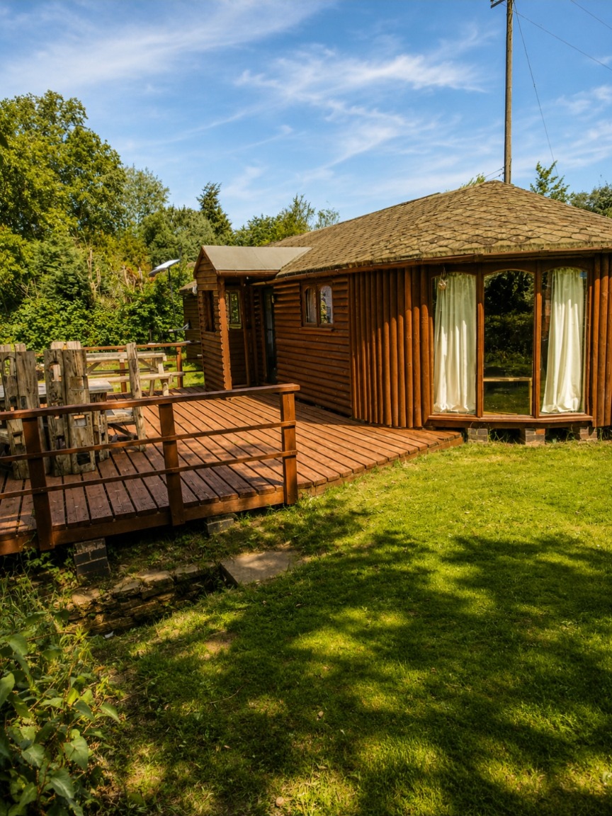 The timber cabin exterior with its raised deck and lawned garden